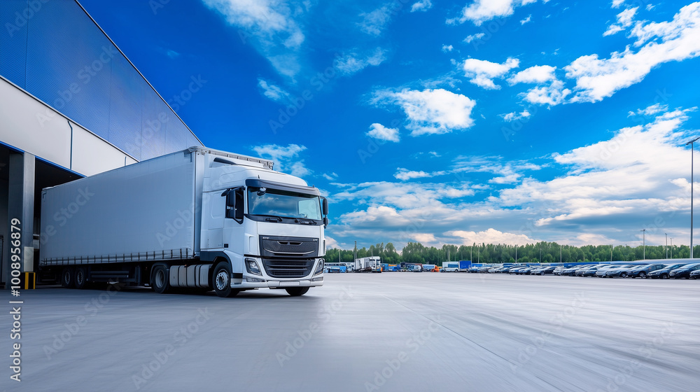 The modern exterior of a logistics warehouse, with a large cargo truck unloading in front of a parking lot, surrounded by a pristine blue sky. Cargo transportation and logistics th The modern exterior of a logistics warehouse, with a large cargo truck unloading in front of a parking lot, surrounded by a pristine blue sky. Cargo transportation and logistics th