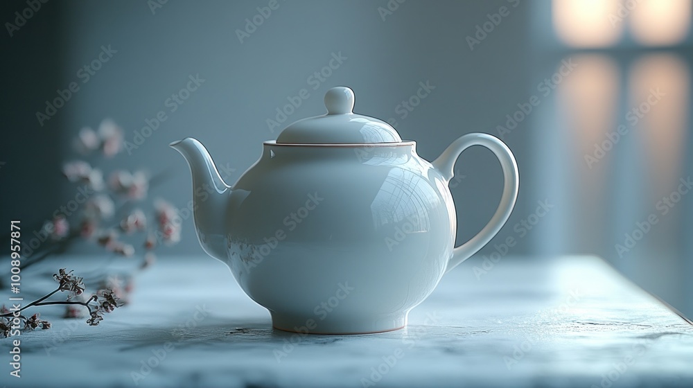 A white teapot on a marble surface with soft lighting. A white teapot on a marble surface with soft lighting.