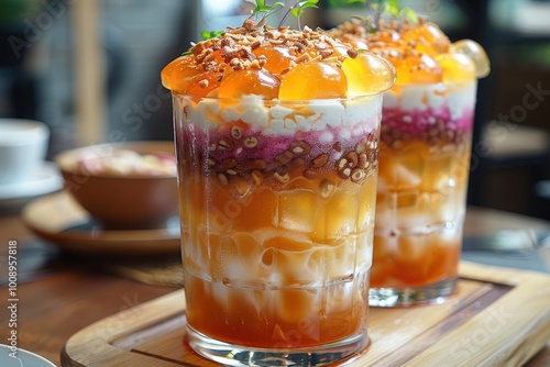 Vietnam: Che Ba Mau A glass filled with layers of colorful jellies, beans, coconut milk, and crushed ice, topped with a drizzle of coconut cream. photo