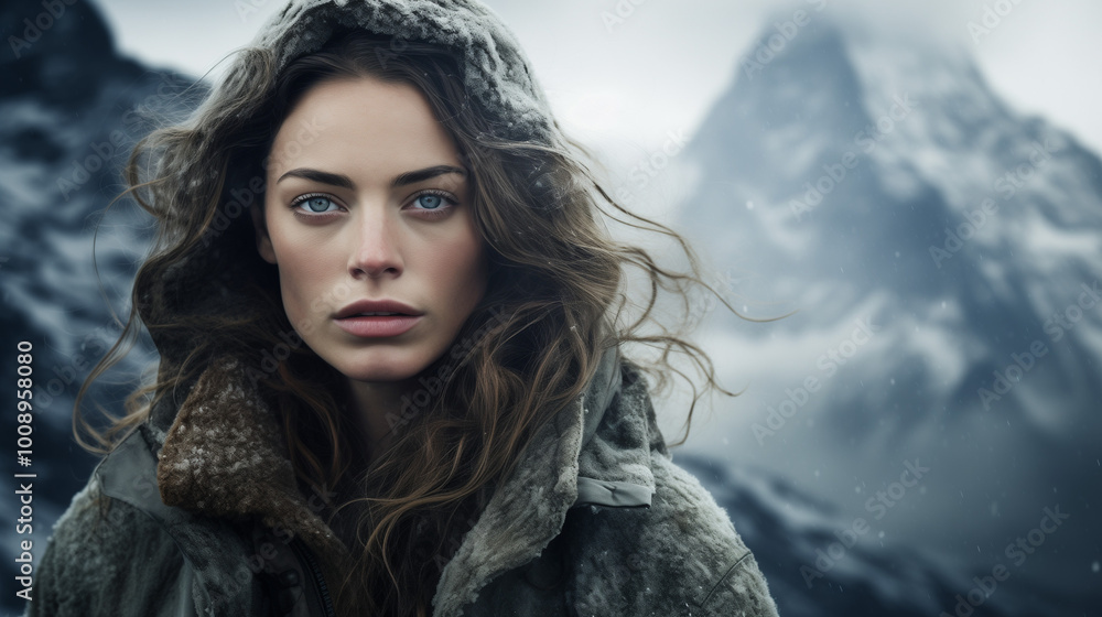 Woman in winter coat standing against snowy mountain background Woman in winter coat standing against snowy mountain background