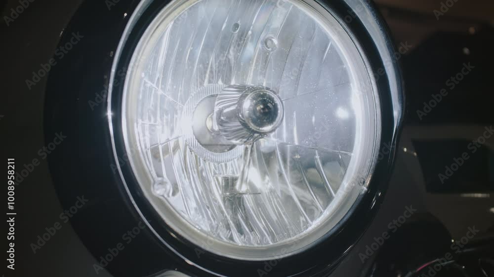 Close-up of a car headlight with a reflective surface. Round headlight of a retro car shines brightly. Headlamp of a vintage car. Close-up of a car headlight with a reflective surface. Round headlight of a retro car shines brightly. Headlamp of a vintage car.