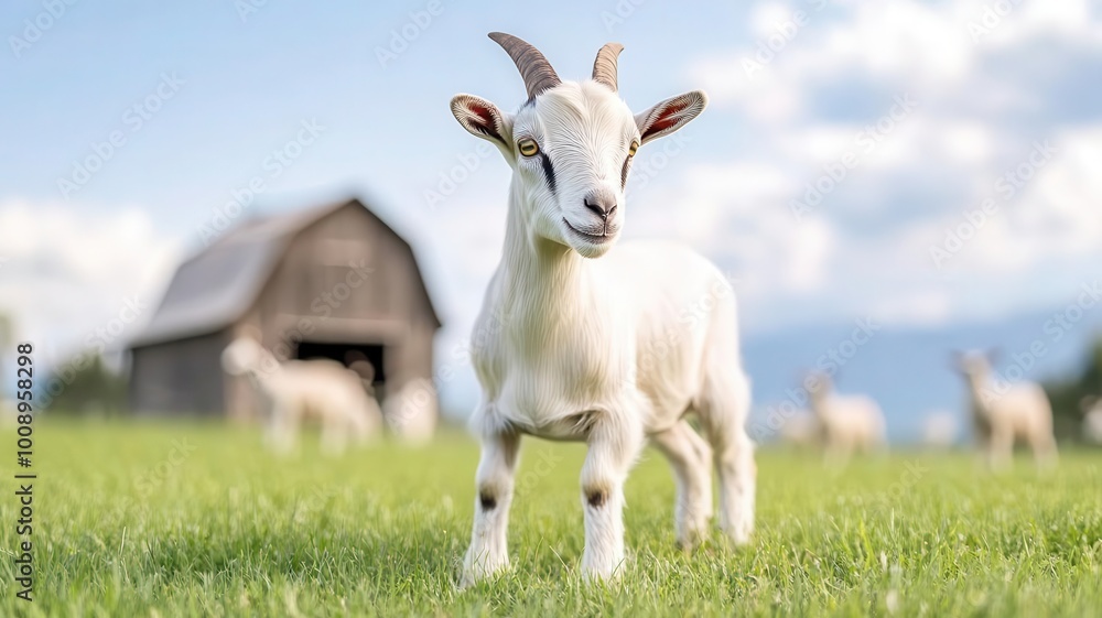 Goats grazing in a lush, green pasture with a rustic barn in the background, emphasizing animal welfare practices Goats grazing in a lush, green pasture with a rustic barn in the background, emphasizing animal welfare practices