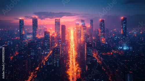 Vibrant Cityscape at Dusk with Illuminated Skyscrapers and Neon Glow