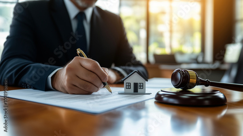 A male judge with a stern face, seated at a wooden desk, signs property documents next to a gavel and a small house model, symbolizing real estate law and house foreclosure cases. photo