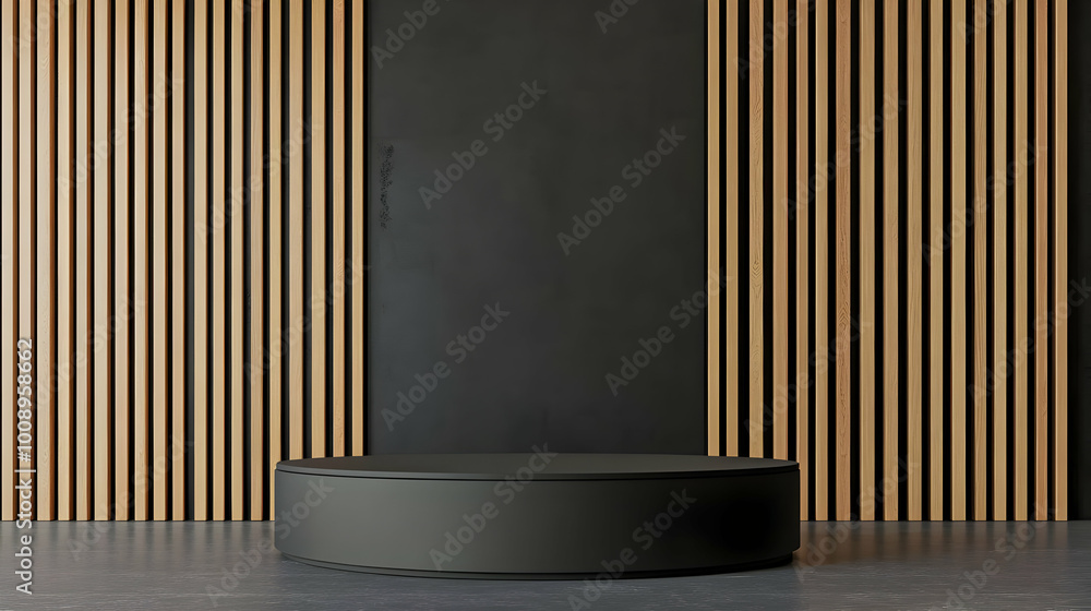 Minimalist Black Podium Against Wooden Slat Wall Minimalist Black Podium Against Wooden Slat Wall