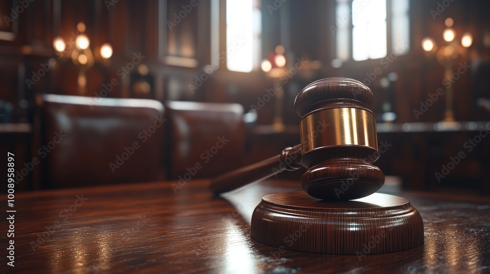 A wooden gavel sits on a table in a courtroom. A wooden gavel sits on a table in a courtroom.