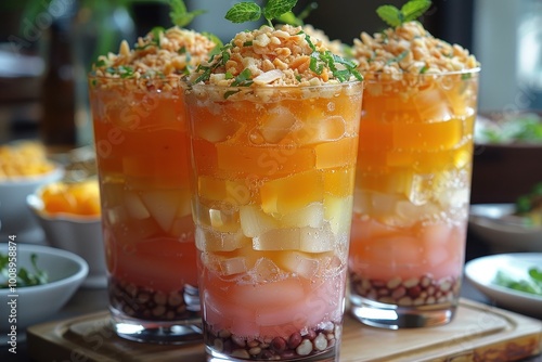 Vietnam: Che Ba Mau A glass filled with layers of colorful jellies, beans, coconut milk, and crushed ice, topped with a drizzle of coconut cream. photo