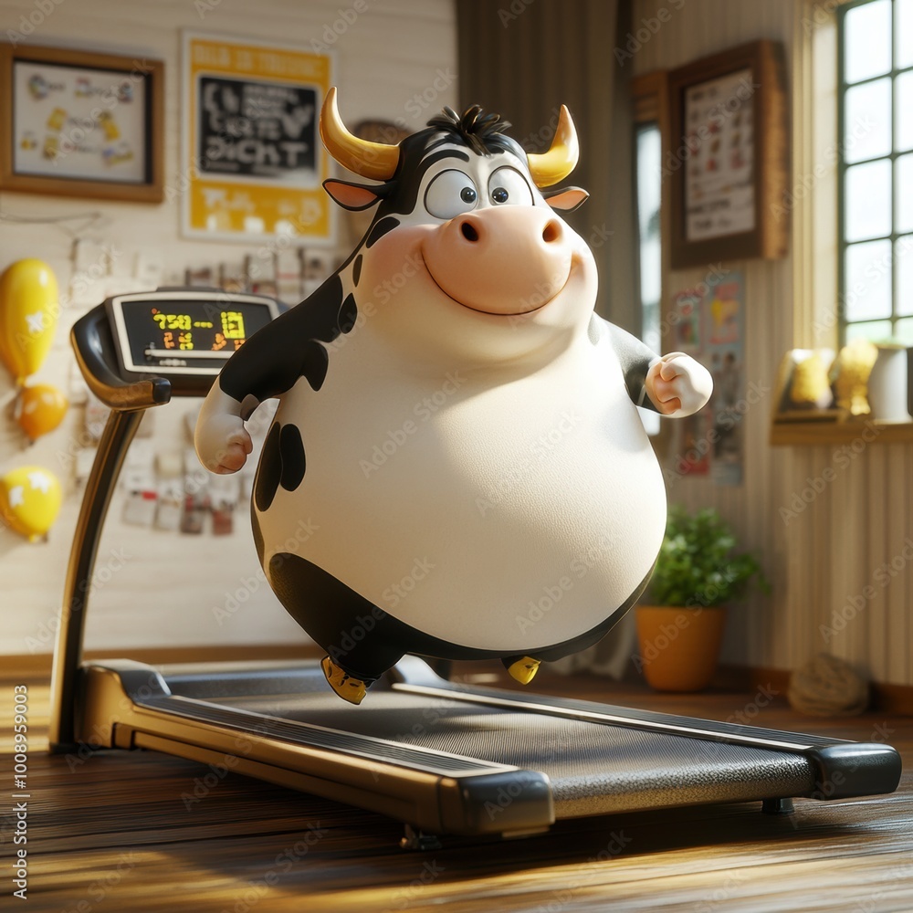 A cheerful cartoon cow jogging on a treadmill in a cozy indoor setting, promoting fitness and healthy lifestyle. A cheerful cartoon cow jogging on a treadmill in a cozy indoor setting, promoting fitness and healthy lifestyle.