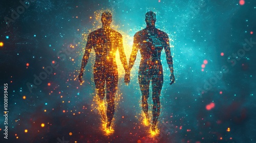 Abstract figures with bodies made of glowing circuits and digital patterns, symbolizing the merger of people and technology, on a futuristic backdrop