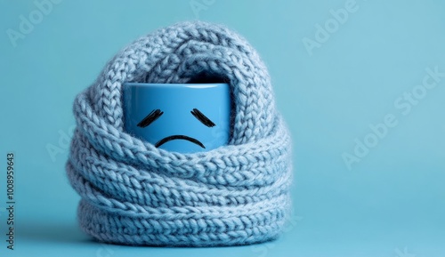 Blue Monday concept. Cup of tea with sad smiley face wrapped in a knitted scarf on blue background. 