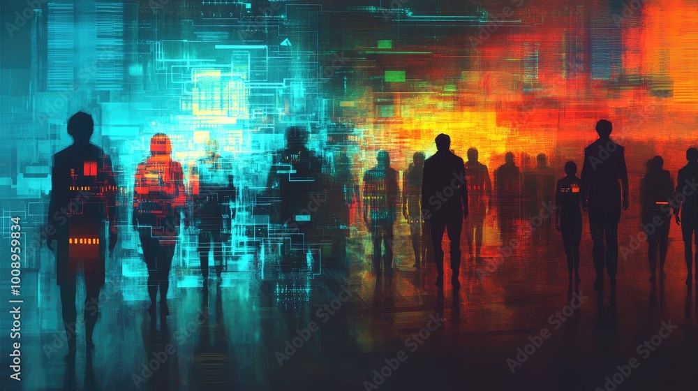 Obraz premium Abstract silhouettes of people merging with glowing digital circuits, symbolizing the fusion of humans and technology, set against a futuristic backdrop