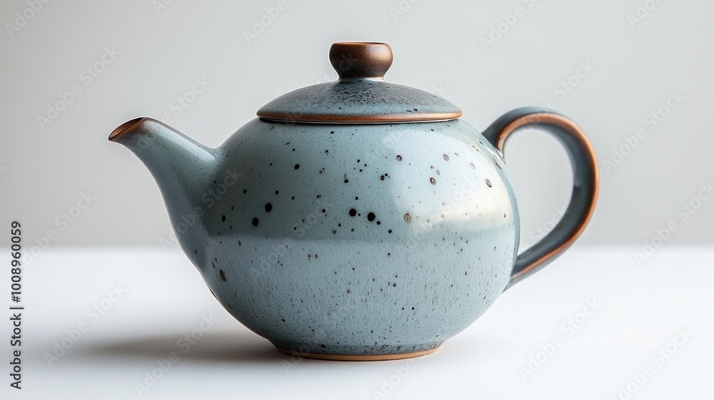 A ceramic teapot with a speckled glaze and a curved handle. A ceramic teapot with a speckled glaze and a curved handle.