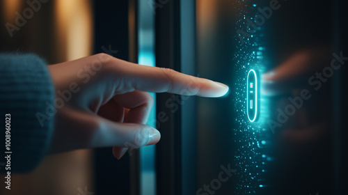 The closeup of a womanâs finger, moments before tapping the digital keypad of a glowing smart door lock, shows her smartphone connected, ready to grant access to her apartment, sym photo