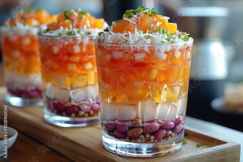 Vietnam: Che Ba Mau A glass filled with layers of colorful jellies, beans, coconut milk, and crushed ice, topped with a drizzle of coconut cream. photo