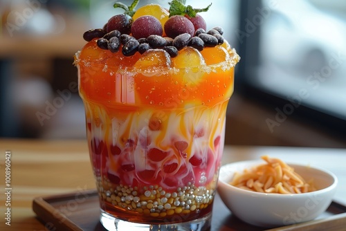 Vietnam: Che Ba Mau A glass filled with layers of colorful jellies, beans, coconut milk, and crushed ice, topped with a drizzle of coconut cream. photo