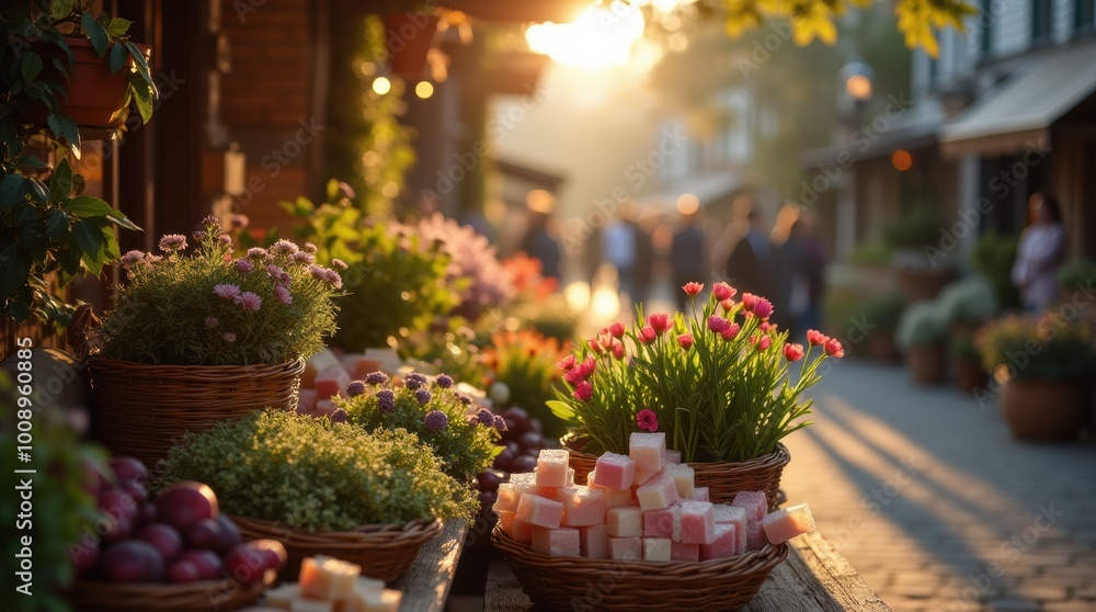 Dawn at a small-town farmers market with a vendor preparing their stall and fresh produce surrounded by spring blooms Dawn at a small-town farmers market with a vendor preparing their stall and fresh produce surrounded by spring blooms