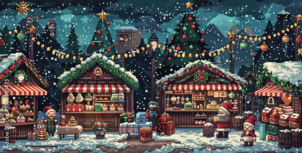 Obraz premium Charming Snowy Christmas Market Scene with Lights Stalls Tree Holiday Decor Joyful Atmosphere Seasonal Spirit Winter Wonderland Concept