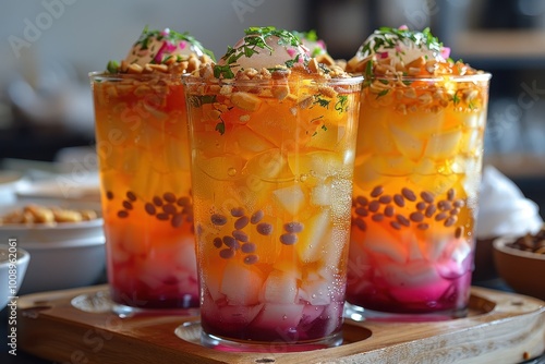 Vietnam: Che Ba Mau A glass filled with layers of colorful jellies, beans, coconut milk, and crushed ice, topped with a drizzle of coconut cream.