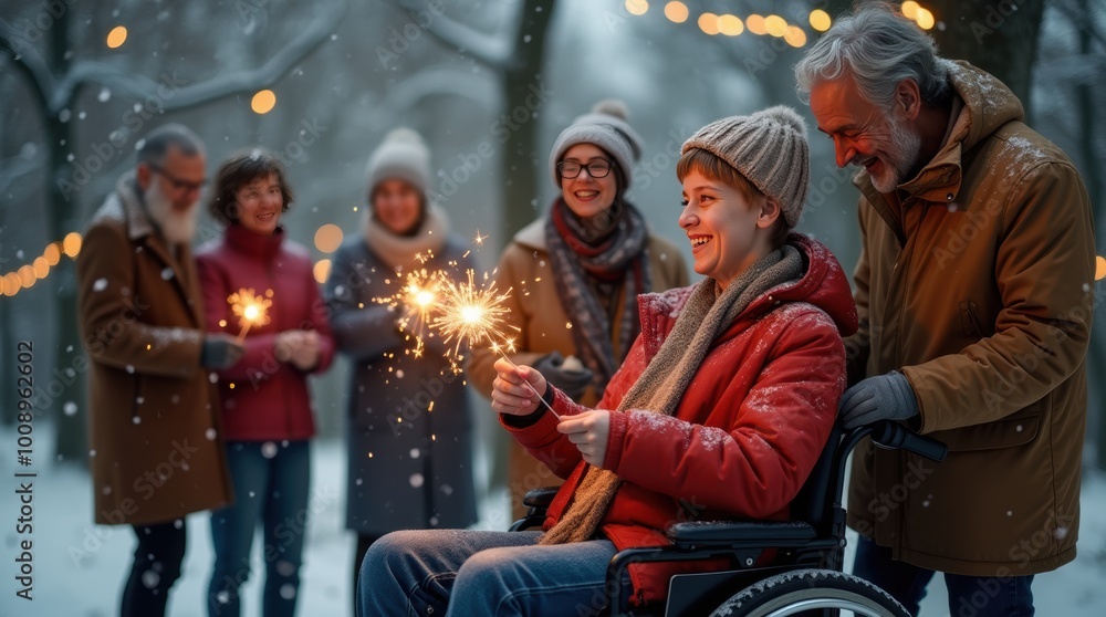 Friends of diverse ages celebrating the New Year with sparklers in a snowy park at night Friends of diverse ages celebrating the New Year with sparklers in a snowy park at night