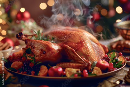 Roasted turkey on festive dining table with decorations for Christmas celebration, steaming hot culinary delight, holiday feast concept