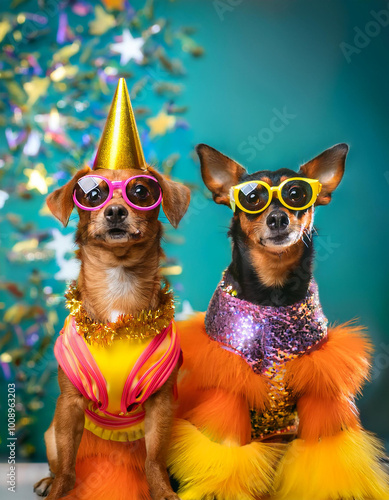 Perros sentados disfrazados con ropa festiva de colores y gafas de sol, fondo vertical de color verde azulado con estrellas de celofán de colores. Imagen IA photo