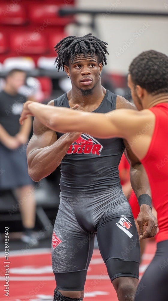 A wrestler prepares for a match, showcasing athleticism and focus in a competitive setting. A wrestler prepares for a match, showcasing athleticism and focus in a competitive setting.