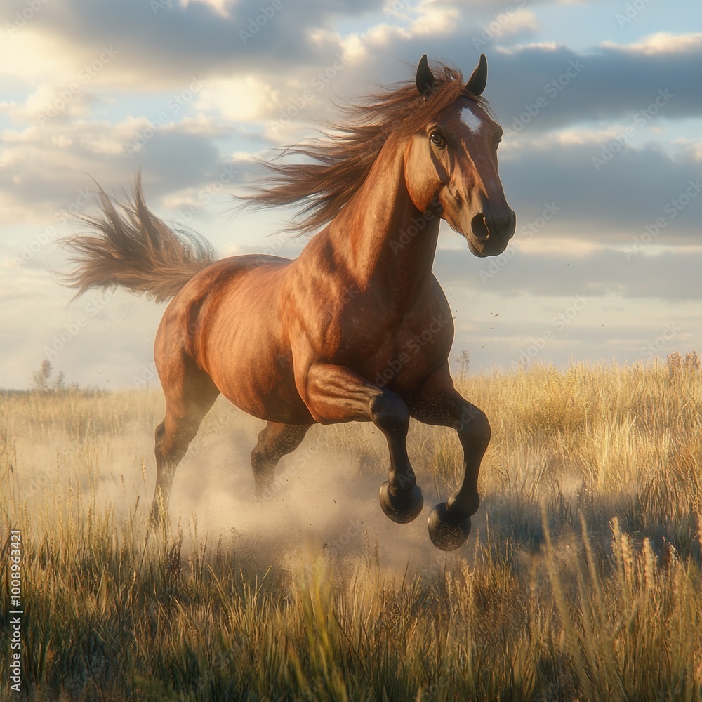 Majestic Chestnut Horse Running Through Golden Grass Field at Sunset Majestic Chestnut Horse Running Through Golden Grass Field at Sunset