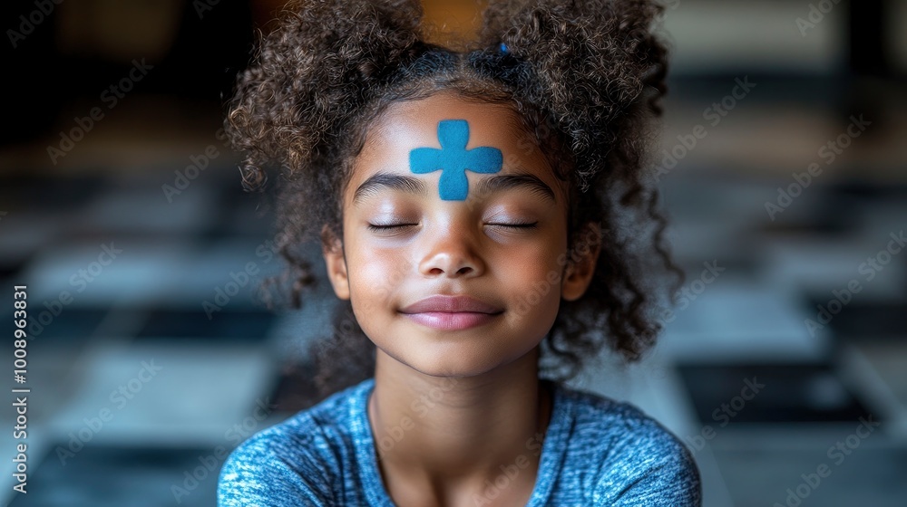 Naklejka premium Young Girl with Cross on Forehead Meditating
