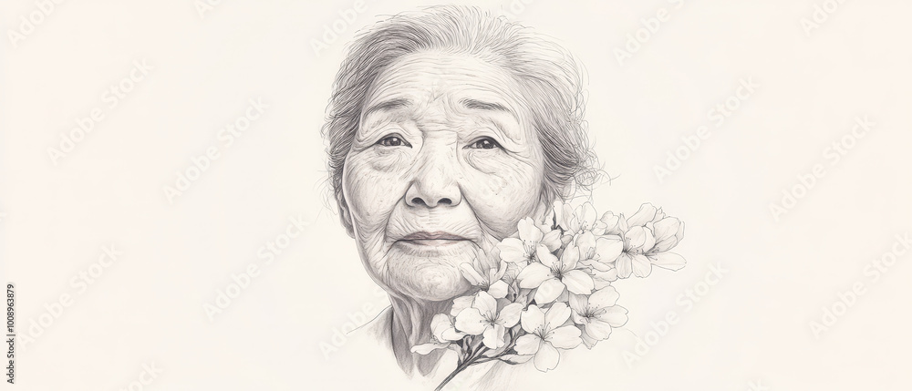 Detailed Pencil Sketch of an Elderly Asian Woman Detailed Pencil Sketch of an Elderly Asian Woman