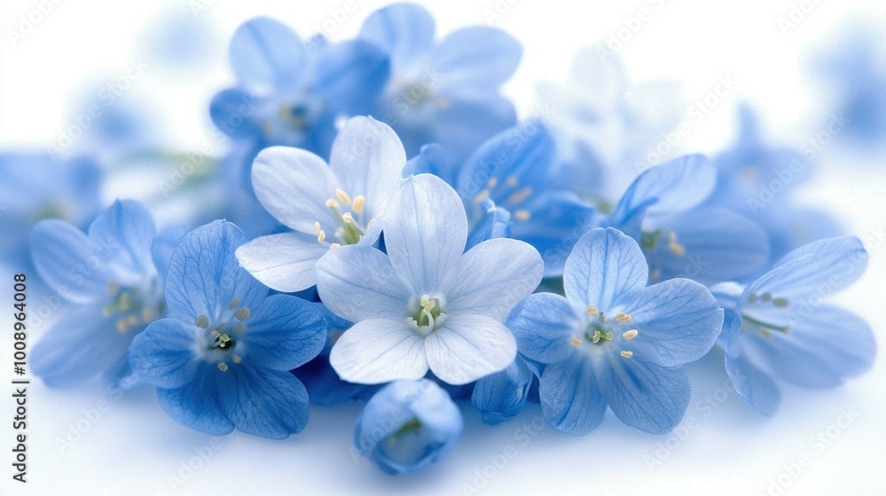 White surface with blue and white flowers surrounding a single center flower White surface with blue and white flowers surrounding a single center flower