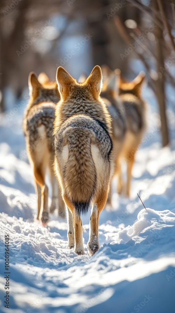 Fototapeta premium A group of coyotes walking through a snowy path in a serene landscape.