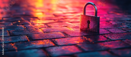 A padlock sitting on a cobblestone path with warm lighting.
