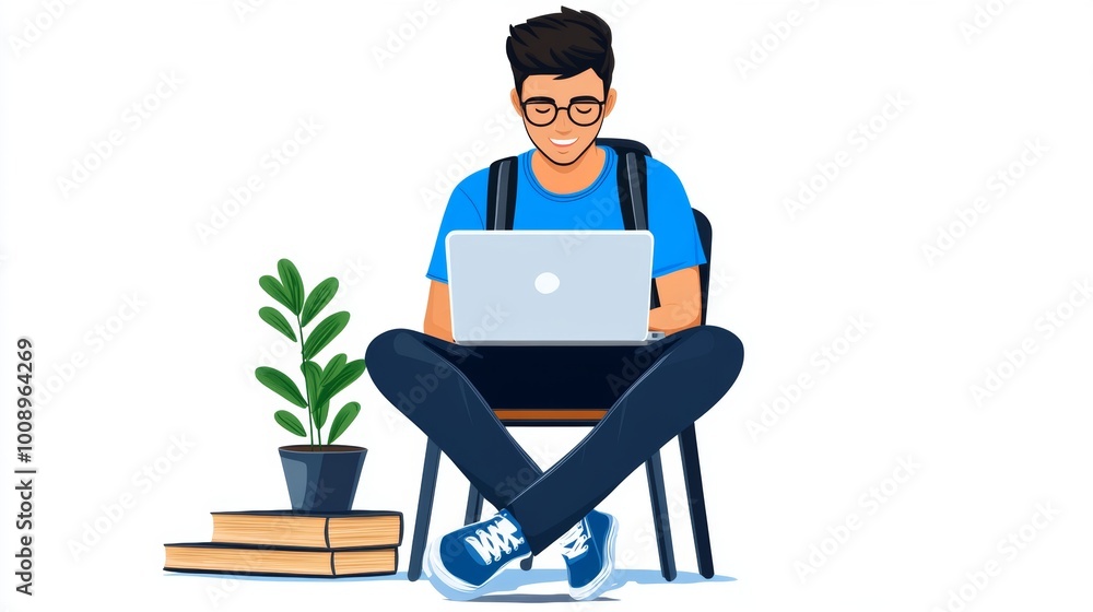 Young Man Working on Laptop Student Using Computer Online Learning Technology Home Off Young Man Working on Laptop Student Using Computer Online Learning Technology Home Off