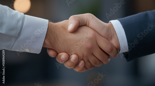 close up of two hands shaking, symbolizing agreement and partnership in professional setting. image conveys trust and collaboration.