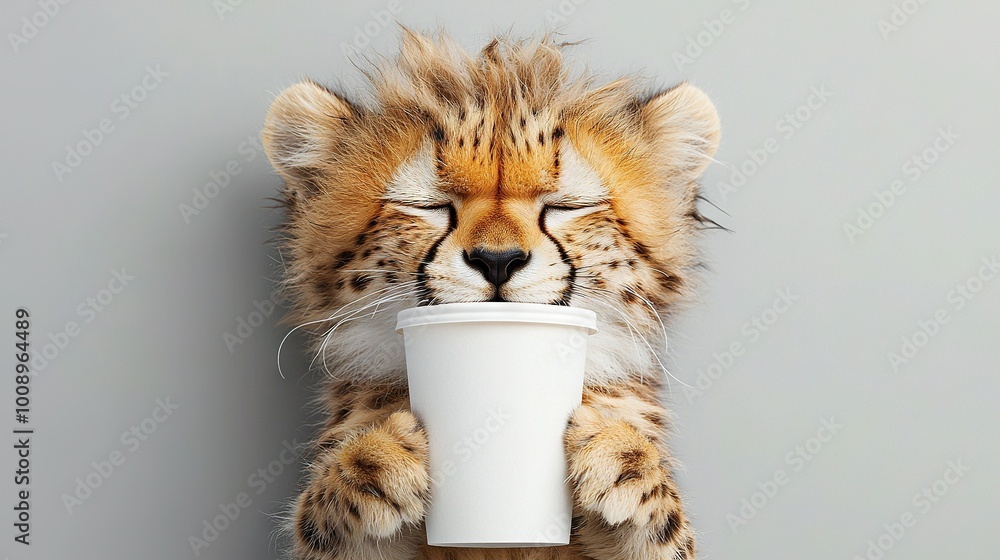 Obraz premium A cheetah with closed eyes, resting its head on a coffee cup