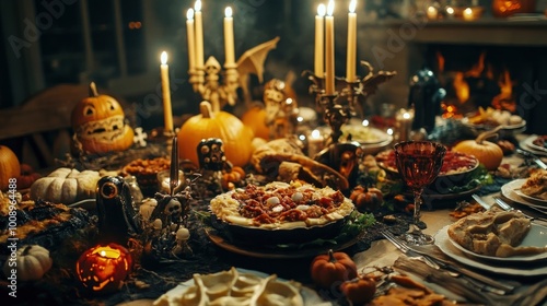 A table set for a Halloween feast, featuring themed dishes and spooky decorations.