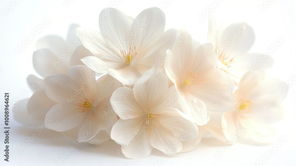 A cluster of white blooms atop a white countertop against a white light backdrop A cluster of white blooms atop a white countertop against a white light backdrop
