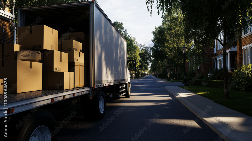 On a quiet suburban street, a large truck stands with its back doors swung open, displaying boxes of various sizes meticulously loaded inside, highlighting the moving process in pr On a quiet suburban street, a large truck stands with its back doors swung open, displaying boxes of various sizes meticulously loaded inside, highlighting the moving process in pr