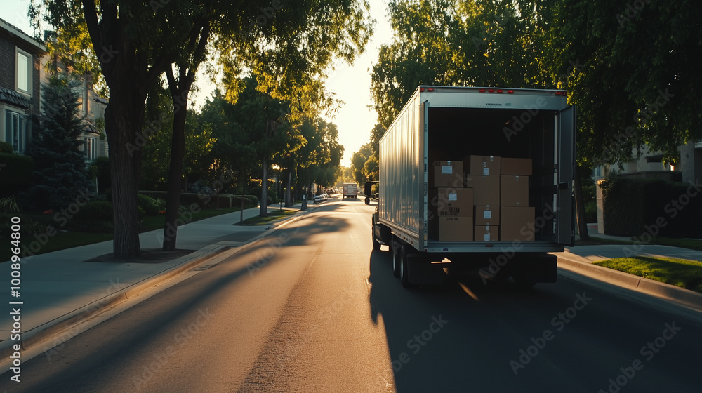 Obraz premium A moving truck parked on a tree-lined avenue, doors open wide, with labeled boxes stacked inside, representing the start of a family's relocation journey.
