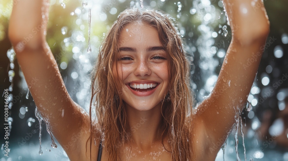 Fototapeta premium Happy Woman Enjoying Waterfall Shower