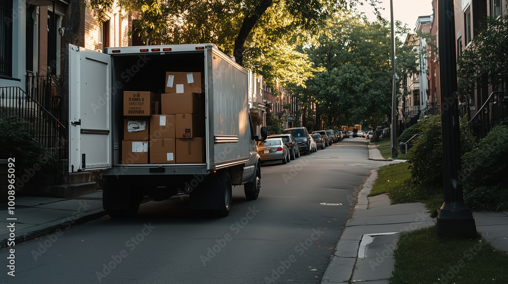 A delivery truck sits parked on a residential street, its open doors showing the boxes inside, ready for movers to unload, marking the transition to a new home. A delivery truck sits parked on a residential street, its open doors showing the boxes inside, ready for movers to unload, marking the transition to a new home.