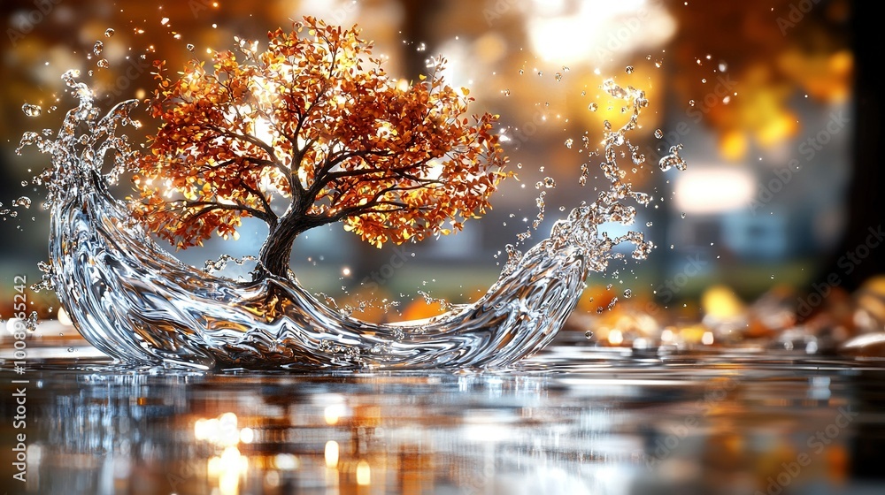 Naklejka premium A tree situated amidst a body of water, with a splash of water emanating from its apex