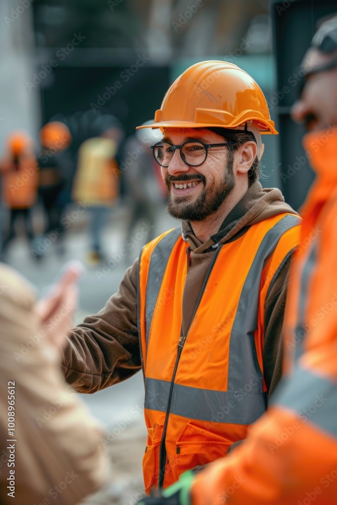 A safety officer in an orange vest addresses a group of people on a construction site or outdoor project A safety officer in an orange vest addresses a group of people on a construction site or outdoor project