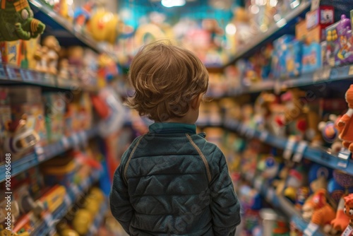 A young boy stands in a colorful toy store filled with toys and games