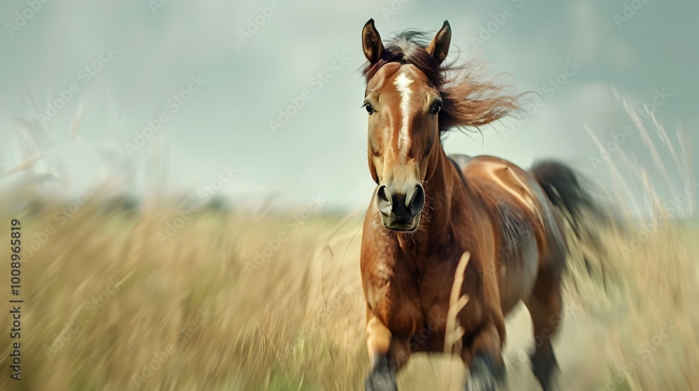 Startled Horse Galloping in Grassy Field with Flared Nostrils and Detailed Mane Startled Horse Galloping in Grassy Field with Flared Nostrils and Detailed Mane