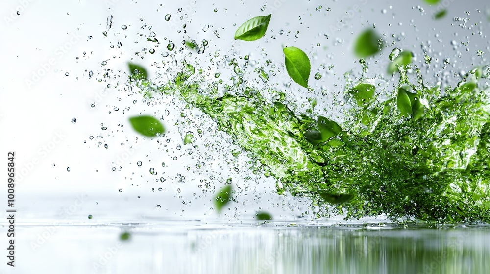 A cluster of emerald foliage bobbing above a water surface with cascading droplets splashing from them A cluster of emerald foliage bobbing above a water surface with cascading droplets splashing from them