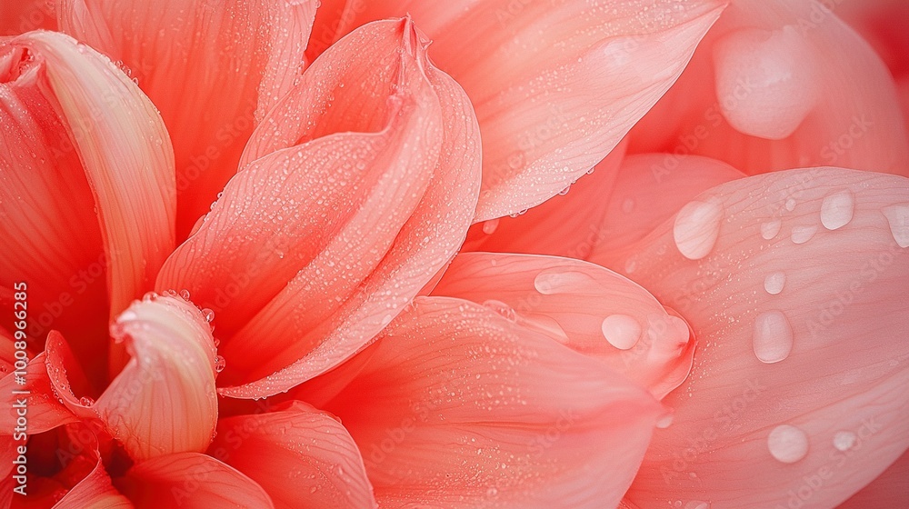 Fototapeta premium A detailed photo of a rosy blossom with wet droplets on the petals and the center of the bloom also adorned with water drops