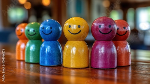 Happy Wooden Figures in a Row on a Wooden Table