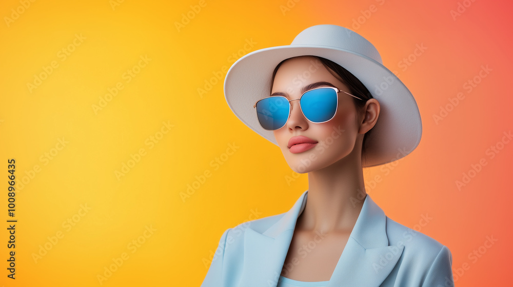 stylish woman wearing white hat, blue sunglasses, and light blue blazer against vibrant yellow and orange background. stylish woman wearing white hat, blue sunglasses, and light blue blazer against vibrant yellow and orange background.
