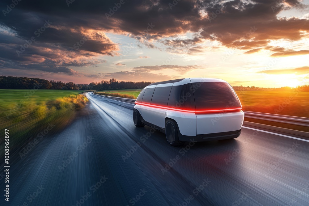 futuristic fast self-driving modern car on evening city roads under cloudy sky futuristic fast self-driving modern car on evening city roads under cloudy sky